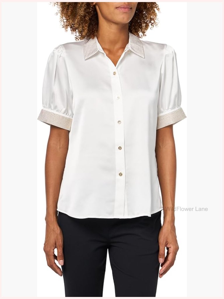 Polished Button-Front Blouse - Relaxed Fit Cap Sleeve